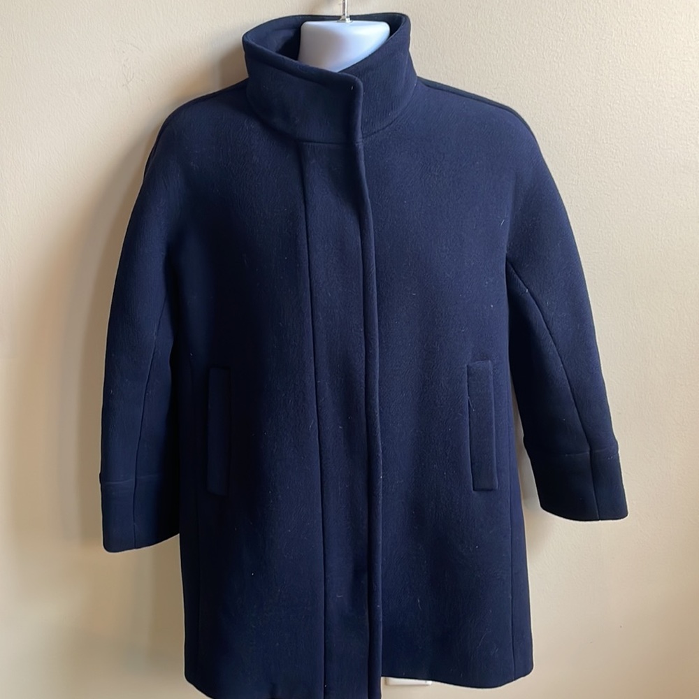 Womens J CREW STADIUM CLOTH By NELLO GORI COCOON COAT,size 10p, blue w/gold zip